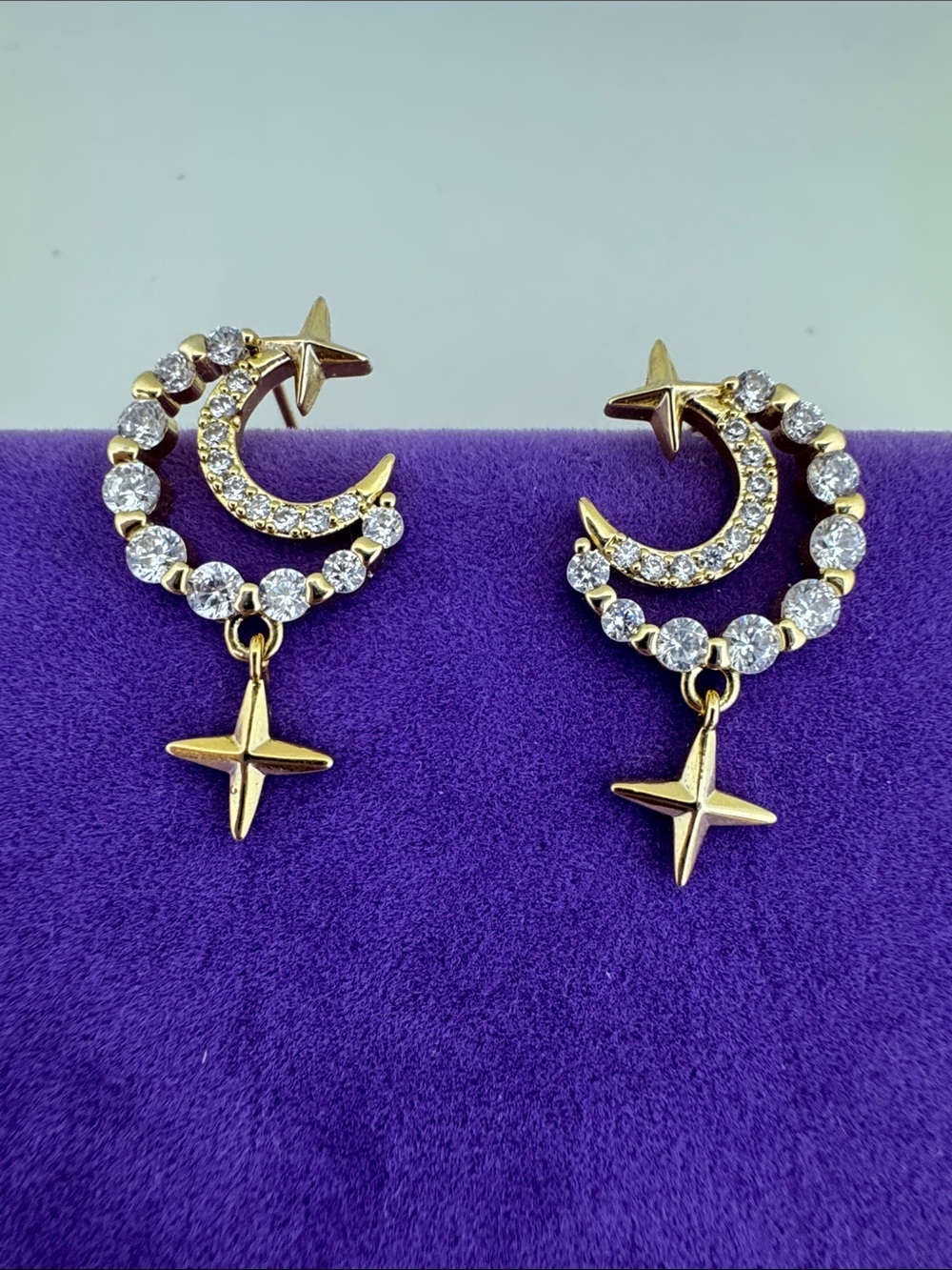 💛 Classic 925 Gold Plated Crescent & Star Crystal Drop Earrings | Celestial Love